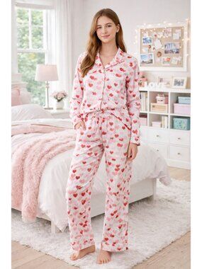 Pottery Barn Teen Girls Pink Heart Print Cotton Pajama Set Size Large Wide Leg